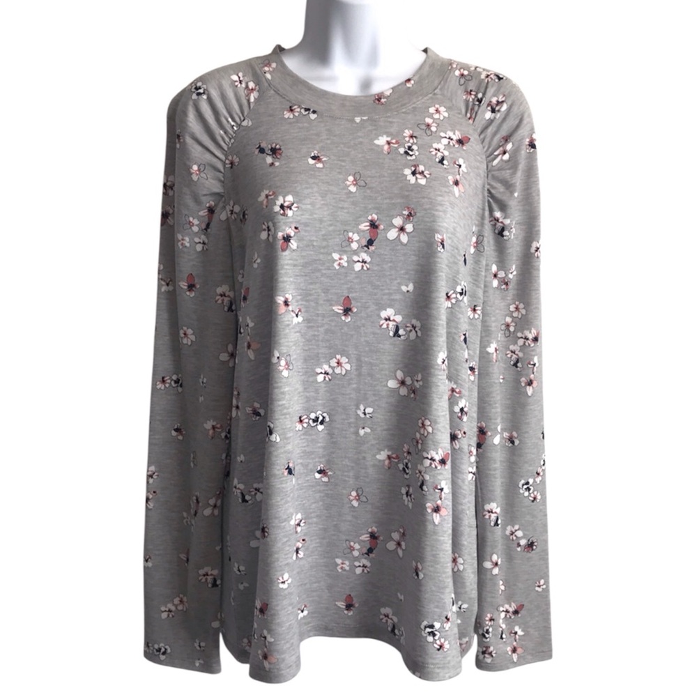 🔴 4/$15 Liz Claiborne Women’s L Gray Floral Print Lightweight LS T-Shirt Top EUC